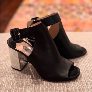 Genuine Prada Black Open-Toe Heels with Silver Block Heel